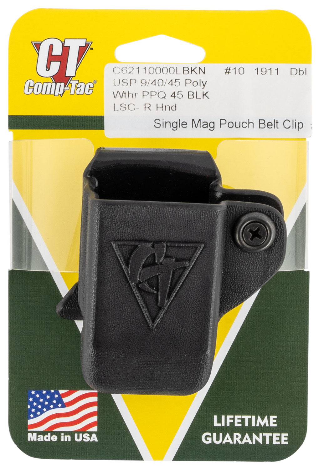 Comp-Tac C62110000LBKN Single Mag Pouch OWB Black Kydex Belt Clip Compatible W/ 1911/Walther PPQ/HK Belts 1.50" Wide Right Hand