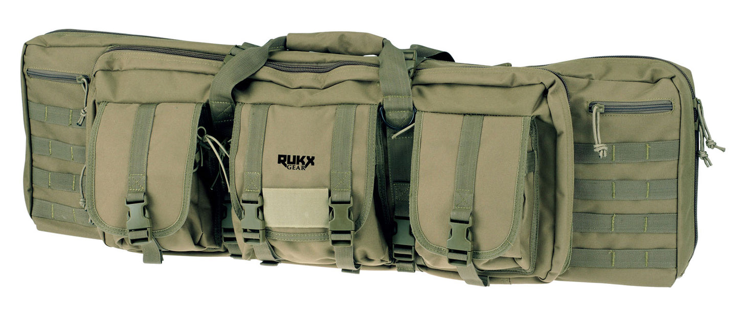 Rukx Gear ATICT36DGG Tactical Double Gun Case 36" Water Resistant Green 600D Polyester With Non-Rust Zippers, Reinforced Velcro, & Adjustable Back Straps