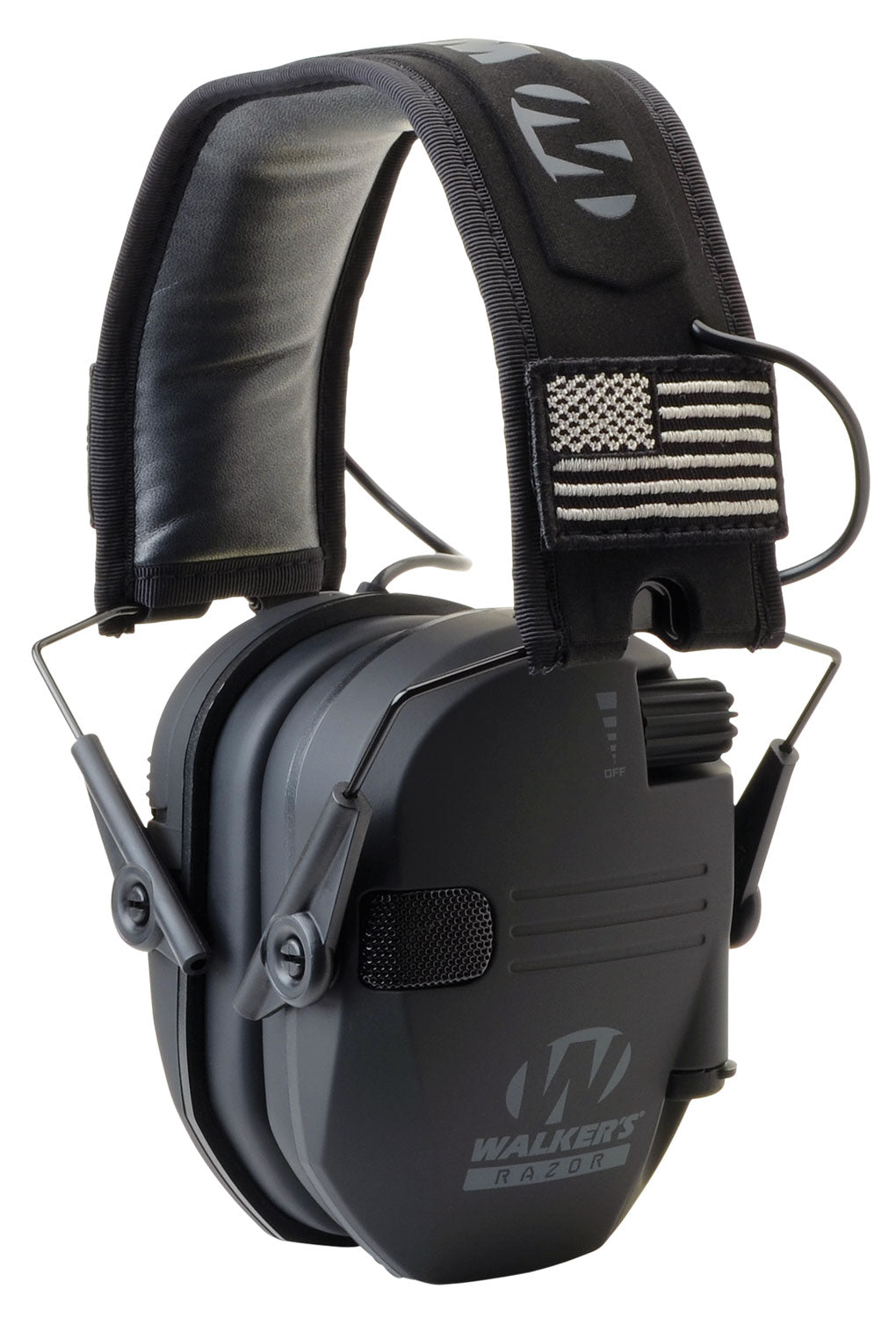 Walkers GWPRSEMPAT Razor Patriot Slim Electronic Muff 23 DB Over The Head Black W/Flag Patch Polymer