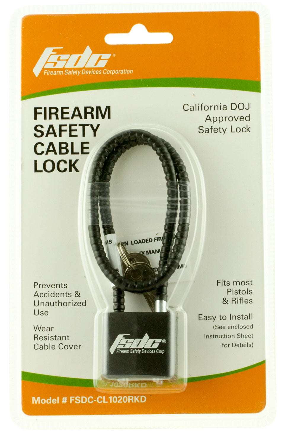 FSDC CL1020RKD 15" Keyed Cable Gun Lock Fits Handgun/Rifle/Shotgun