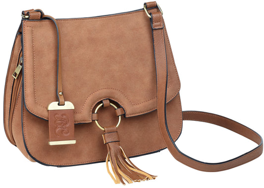 BULLDOG CROSS BODY PURSE CAMEL SUEDE