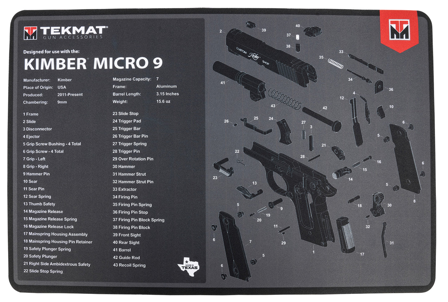 TekMat TEKR17KIMBERMCR9 Kimber Micro 9 Cleaning Mat Kimber Micro 9 Parts Diagram 11" X 17"