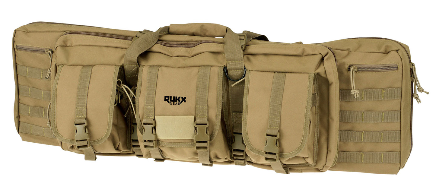 Rukx Gear ATICT42DBT Tactical Double Gun Case 42" Water Resistant Tan 600D Polyester With Non-Rust Zippers, Reinforced Velcro & Adjustable Back Straps